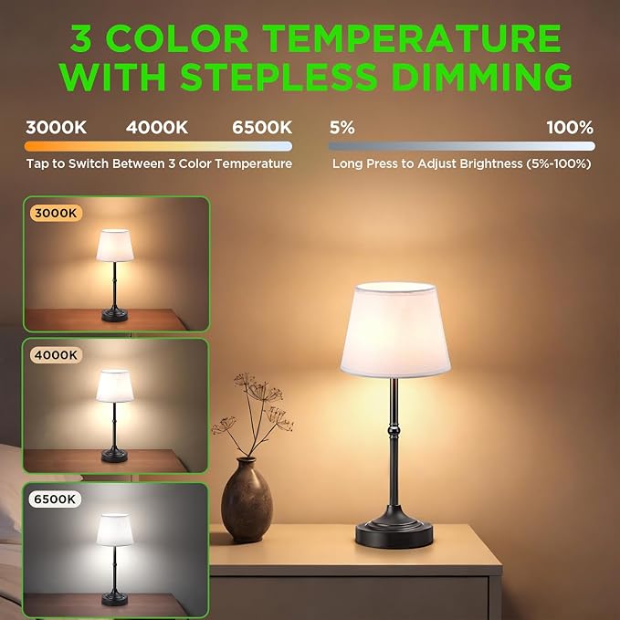 LUTEC Cordless Table Lamp, Battery Operated Lamp with 3 Color Temps and Stepless Dimming, 5200mAh Portable Rechargeable Table Lamp for Restaurant/Bedroom/Bars/Outdoor (Black)