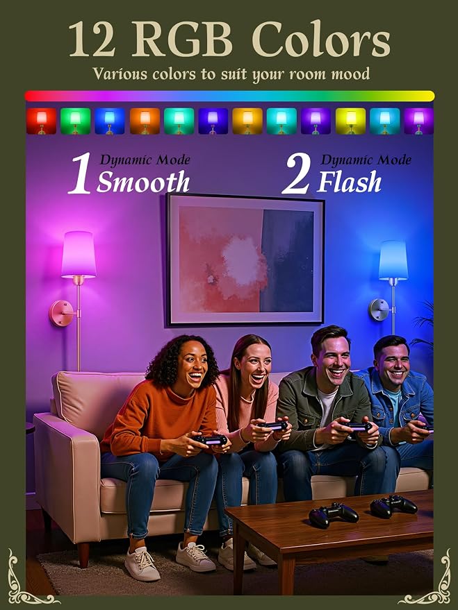 Battery Operated Wall Sconces Set of 2, Bronze, Dimmable & 15 RGB, 23 Inch | Renter Friendly, Rechargeable Magnetic Bulbs, Remote Control, LED Cordless Wall Lights for Living Room, Bedroom, Hallway