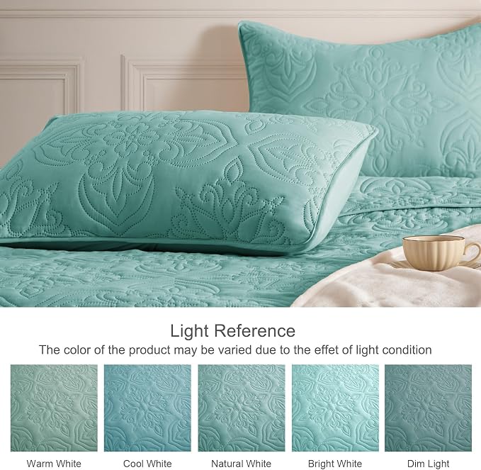 Whale Flotilla Twin Quilt Bedding Set Vintage Damask Reversible Bedspread | Suitable for Bed, 2 Pieces Turquoise Green Lightweight Breathable Quilts Twin Size, Ultrasonic Coverlet with 1 Pillow Sham
