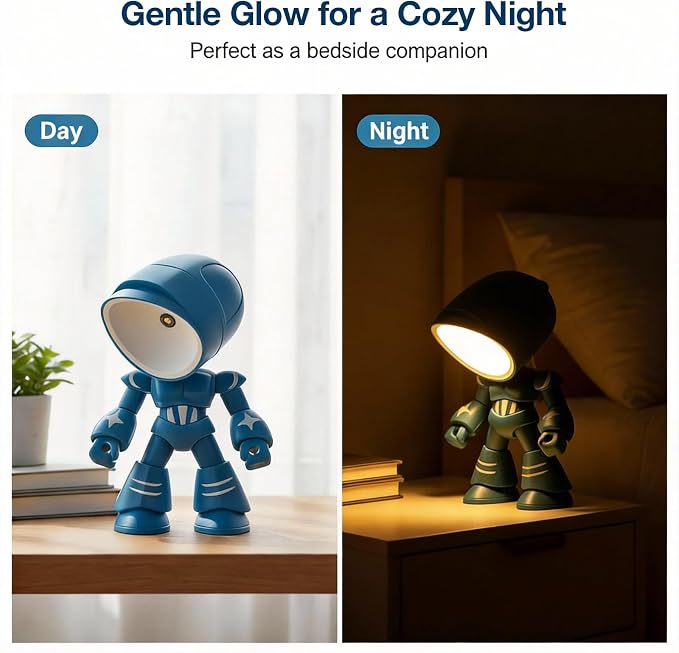 Lonely Robot LED Mini Night Light, Cartoon Cute Companion Desk Lamp with Magnetic Base, Gift for Thanksgiving Christmas Halloween Birthday, Room Decor (Black)