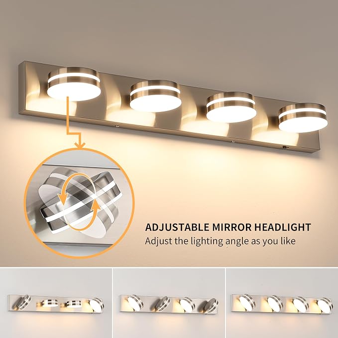 Brushed Nickel Vanity Lights for Bathroom 4-Light 5CCT Dimmable | 30in 24W LED Bath Lighting Fixture, Modern Wall Mounted Lighting Fixture for Dressing Room Cabinet