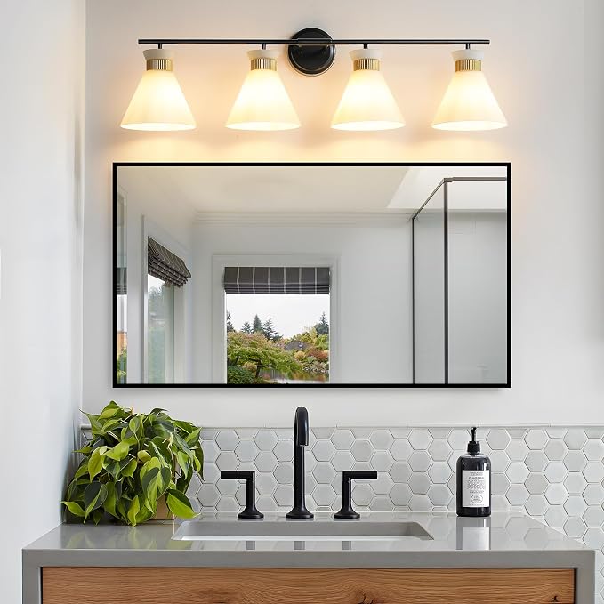 WOSHITU Bathroom Vanity Light Fixtures: 4-Light Mid Century Modern Vanity Lights for Bathroom Over Mirror, Black and Gold Wall Sconce Lighting with Frosted Milky Glass for Bath Bedroom
