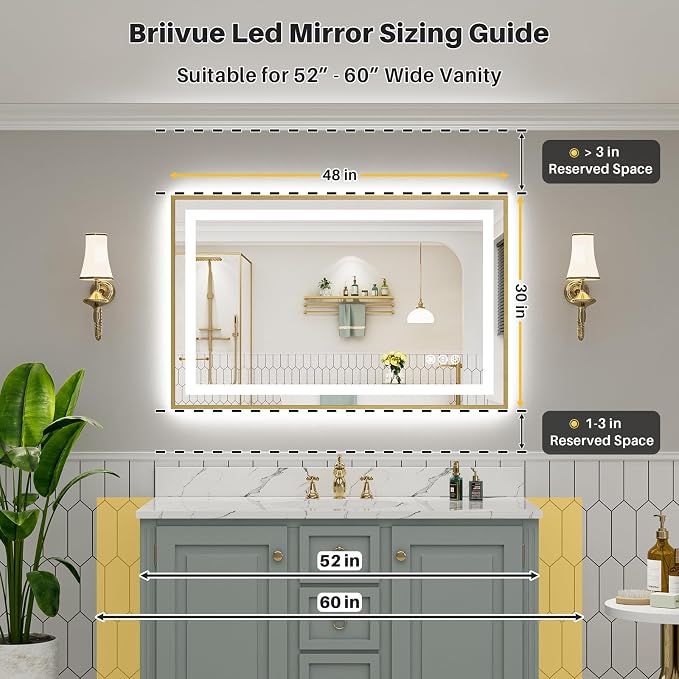 48x30 Inch LED Bathroom Mirror with Gold Frame, Backlit & Front Lit | Anti-fog, 3 Color Dimmable, Memory Function, HD Reflection Tempered Glass, ETL Listed, IP54 Waterproof