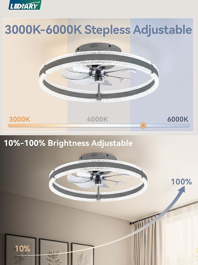 LEDIARY Ceiling Fans with Lights and Remote, 20'' Low Profile Ceiling Fan with Light, 3000-6000K Dimmable Fandelier Ceiling Fans, Modern Flush Mount Fan Light for Bedroom with 6 Wind Speeds-Sandy Gray | 3000-6000K Dimmable LED, 6 Wind Speeds, Quiet Rev...