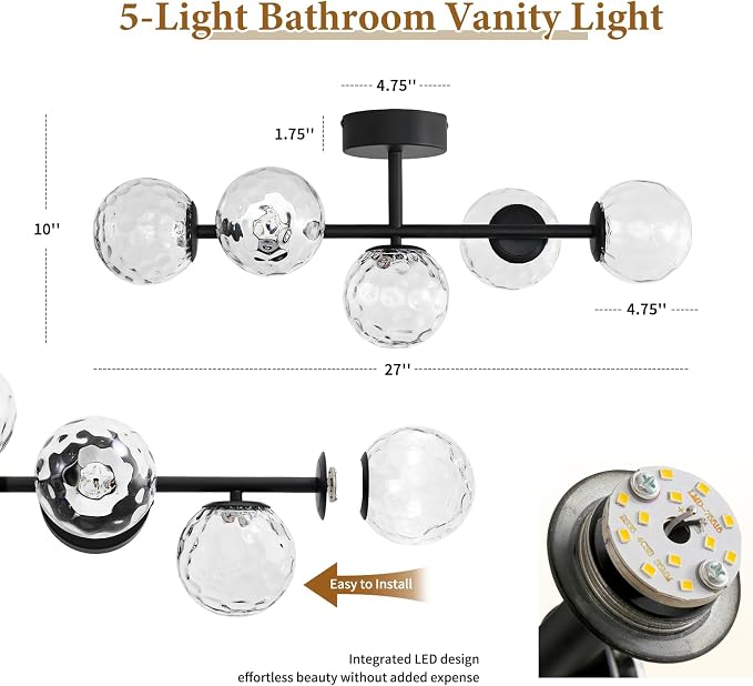 Black 5-Light LED Modern Hammered Glass Globe Bathroom Vanity Light | Hammered Glass, Captivating Water-Inspired Glow, Matte Black Finish, Mid Century Modern Design, Integrated LED Light Source