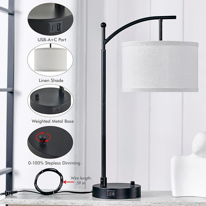Table Lamp for Living Room Bedroom, 23.5" Table Lamp with USB C+A Ports, Bedside Lamp for Nightstand with Linen Lamp Shade, Dimmable LED Bulb Included