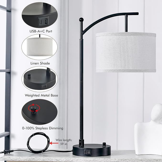 Table Lamp for Living Room Bedroom, 23.5" Table Lamps Set of 2 with USB C+A Ports, Bedside Lamps for Nightstand with Linen Lamp Shades, 2 Dimmable LED Bulbs Included, Black