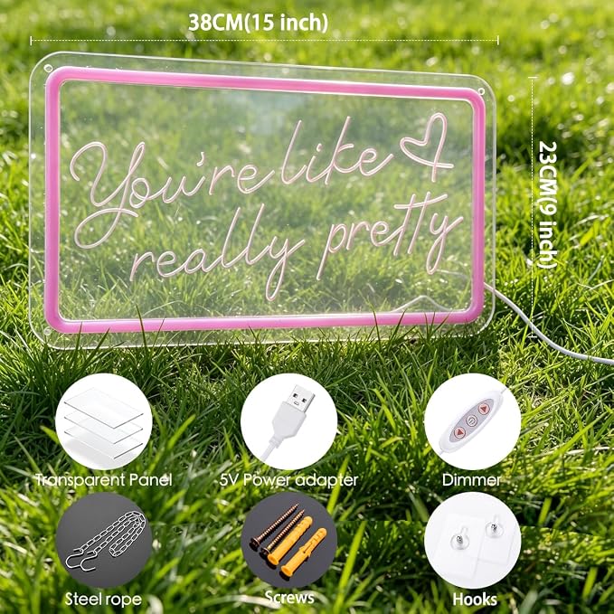 You like really pretty Neon Sign for bedroom wall,Pink led sign for wall decor with USB Power and Dimmer Switch,15 * 9 inch neon signs for room decor