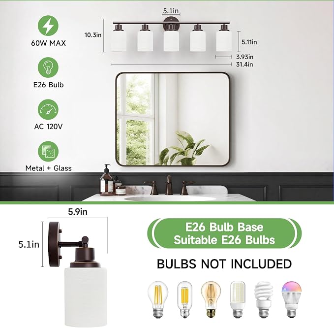 5-Light Bathroom Light Fixtures, Oil-Rubbed Bronze Gold Vanity Lights for Mirror with Textured Milky White Glass Shade, E26 Modern Kitchen Light Fixtures Wall Sconce Light