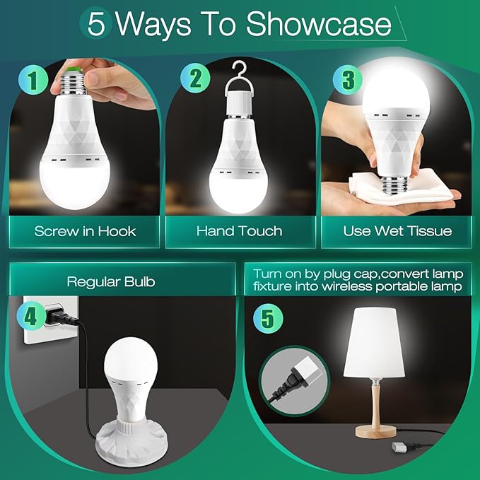 Emergency-Rechargeable Light Bulb with Hook,Stay Lights Up When Power Failure, 1500mAh 12W 60W Equivalent LED Light Bulbs for Home, Camping, Hiking(E27, with Hook,with Plug Cap) 4 Pack