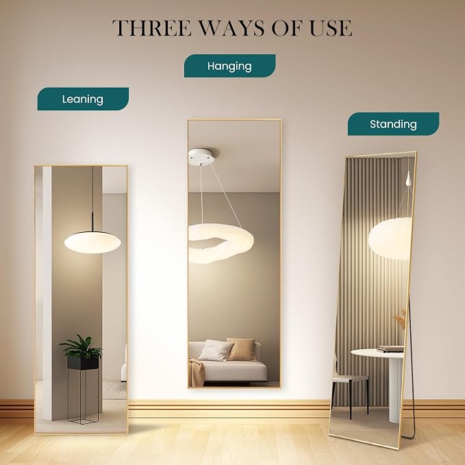 Full Length Floor Mirror, 15.75"x59" Body Wall Mirror Stand | Shatter-Proof Nano Glass, Tall Standing, Hanging or Leaning, Aluminum Alloy Frame for Bedroom, Modern Home Decor, Gold