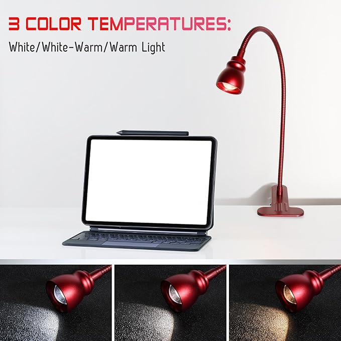 Zoomable Clip on Light, Clamp Reading Light for Dorm Bed Headboard, Dimmable Spotlight with 3 Color Temperature Options, 10 Dimmable Brightness Levels, Adjustable Beam Angle (Red)