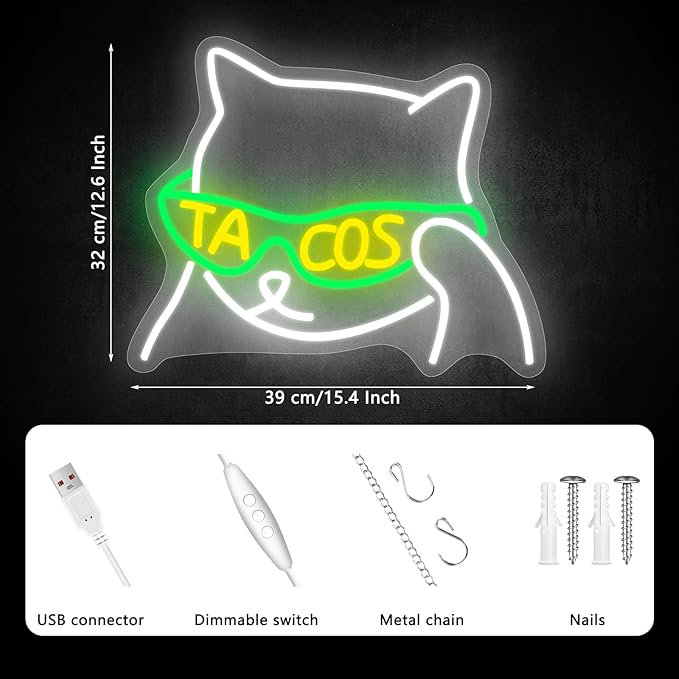 Tacos Sunglasses Cat Neon Sign, Anime Neon Signs for Wall Decor, Dimmable Led Signs for Bedroom, Cool Cat Light Up Signs for Mexican Restaurant Bar Beer Man Cave Party Decorations Gifts