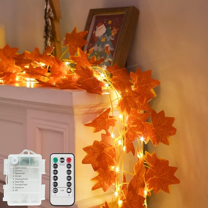 33FT 100 LED Maple Leaf String Lights Battery Operated Copper Wire | Vine with Fairy Lights with Remote,Dimmable Fall Garland with Lights for Bedroom,Wall,Thanksgiving Decor (Warm White)