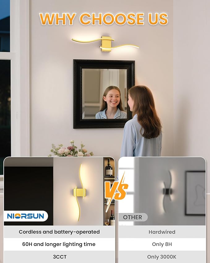 NIORSUN 27.6 Inch Battery Operated Wall Sconce Set of 2, Gold Modern Rechargeable Wall Lights with Remote, 3CCT Dimmable Wireless Wall Lamp for Living Room Bedroom Hallway