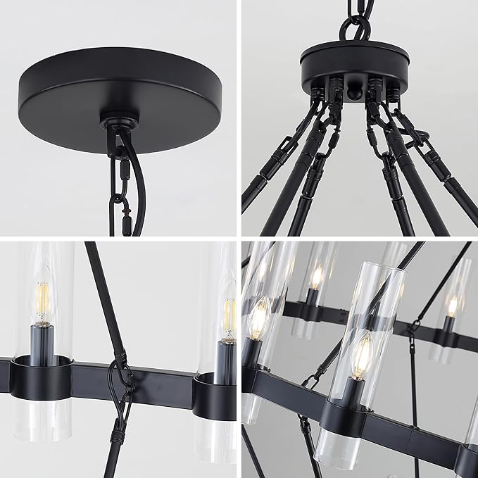 70 Inch Black Wagon Wheel Chandelier 2 Tier with Glass Shade, 36 Lights, Modern Farmhouse Style, Ideal for Dining Room, Kitchen, Entryways
