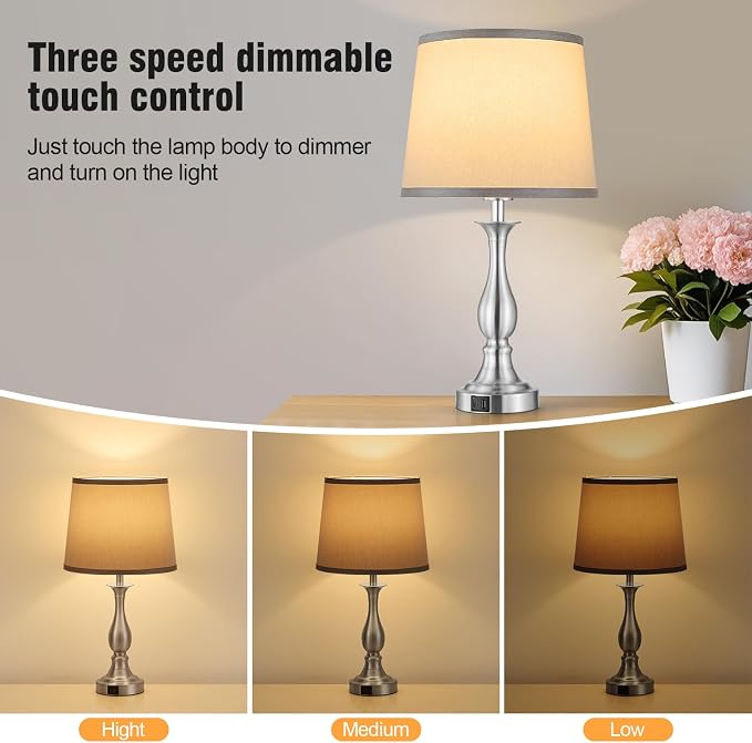 Bedside Table Lamp Touch Control Bedroom Lamps with USB A + C Charging Port 3 Way Dimmable Touch Lamps for Nightstand Living Room Bedroom Dorm Home Office Reading, Set of 2 (Grey Shade & Nickel Base)