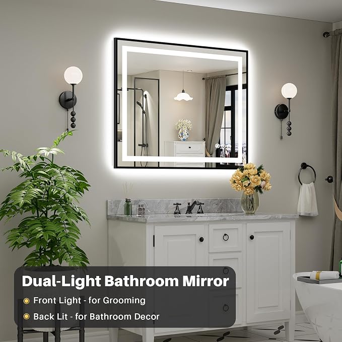 44x36 Inch LED Bathroom Mirror with Black Frame, Backlit & Front Lit | Anti-fog, 3 Color Dimmable, Memory Function, HD Reflection Tempered Glass, ETL Listed, IP54 Waterproof