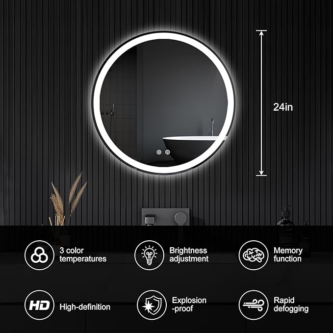 DUMOS 24 Inch Round LED Bathroom Mirror with Lights, Circle Vanity Mirror with Anti-Fog, Dimmable, 3-Color Light, Memory Function, Tempered Glass
