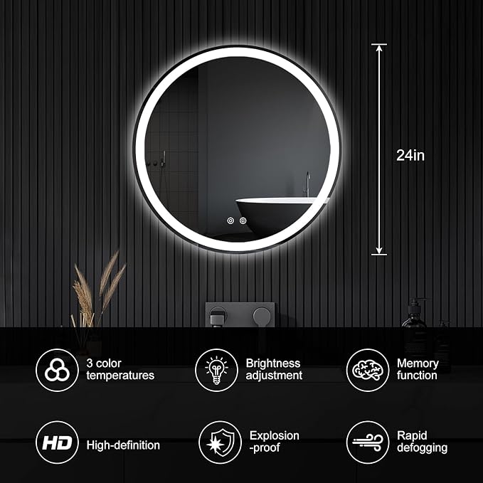Sweetcrispy 24 Inch Round LED Mirror for Bathroom with Lights, Circle Vanity Mirror with Anti-Fog, Dimmable, 3-Color Light, Memory Function, Tempered Glass