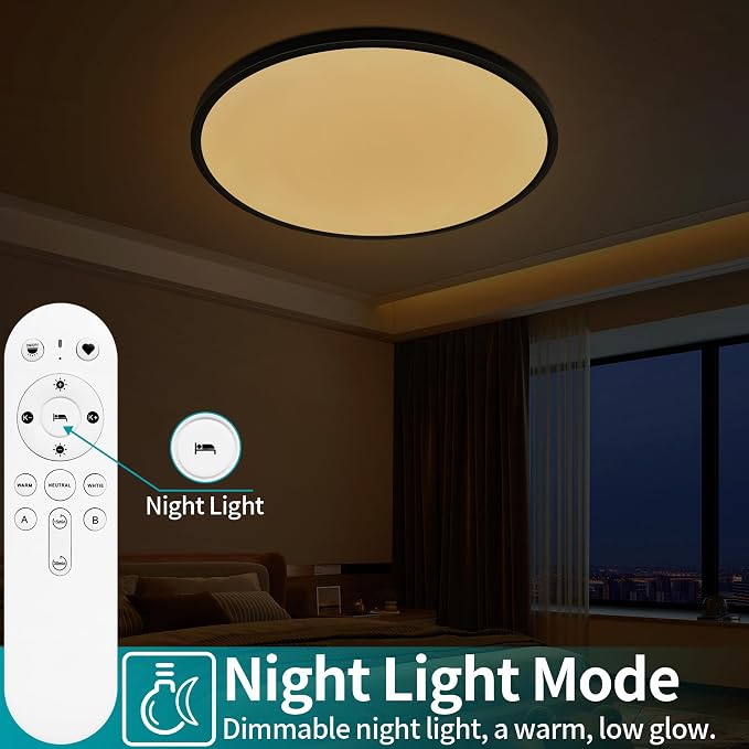 24'' Large Flush Mount Ceiling Light Fixture Dimmable with Remote Control | 56W 5600Lm, Ultra Thin, Modern, Round, Black Led Ceiling Lamp for Kitchen, Dining Room, Bedroom, Living Room, Home Office