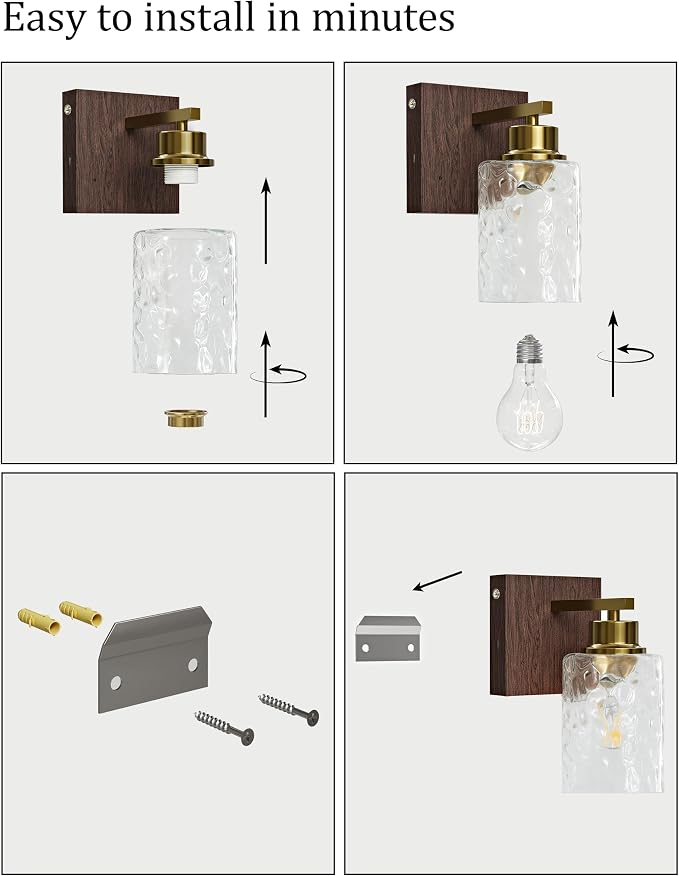 Hammered Glass Battery Operated Wall Sconces Set of Two Gold & Walnut | Dimmable Rechargeable Wall Lights with Remote Timer, Easy Install Lamp for Living Room Bedroom, Emergency 3000K