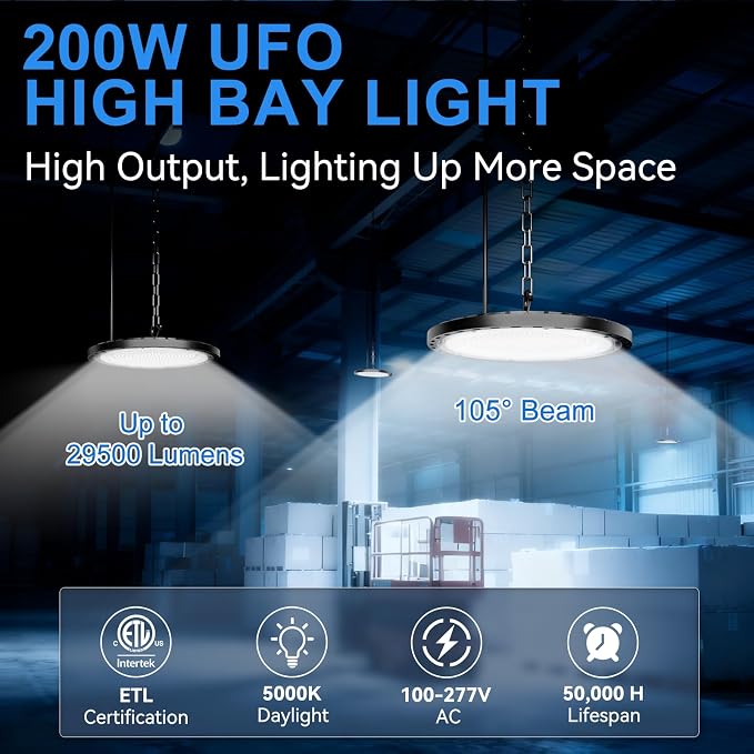 6 Pack 200W UFO LED High Bay Light, 29500lm 5000K Shop Lights for Warehouse, 5' Cable with Plug AC110-277V, Waterproof Commercial Lights for Barn Workshop Garage Factory Warehouse Gym ETL Listed