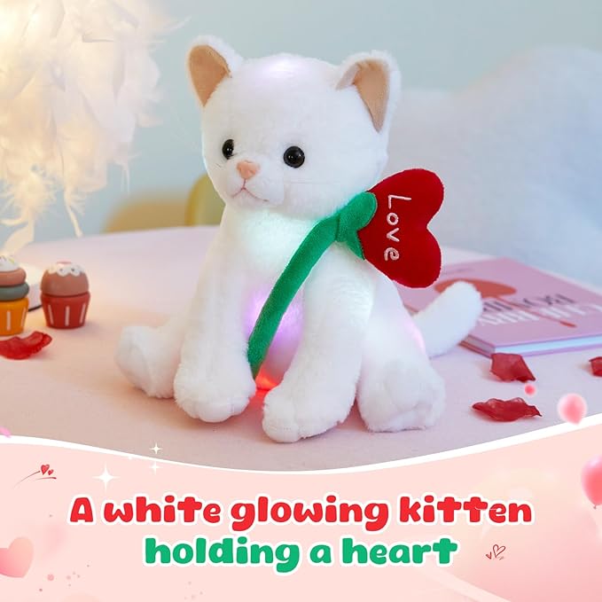Houwsbaby 12" Valentine’s Day Light Up Cat Plush Toy, Glowing in Dark Kitty Stuffed Animal with Red Heart Flower Design, Romantic Gift for Valentine’s Day, Birthday, or Anniversary