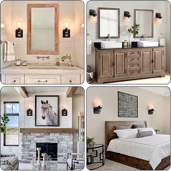 1-Light Farmhouse Hardwired Wall Sconces Bathroom Vanity Light Fixtures | Rustic Faux Wood Indoor Wall Mount Light with Clear Glass Shade for Living Room Bedroom Hallway Kitchen