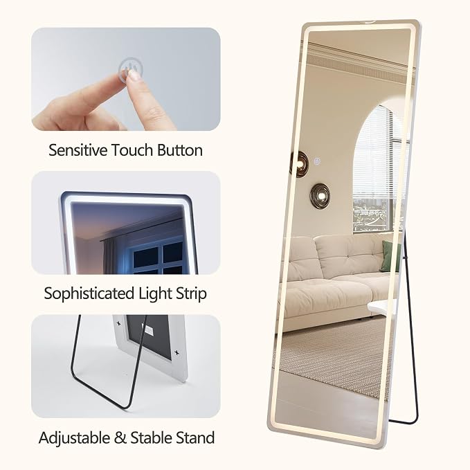 60"x16" LED Full Length Mirror with Lights - Full Body Floor Mirror, Dimmable with 3 Color Temperature, Memory Function, Standing Leaning Wall Mounted Vanity Mirror for Bedroom Cloakroom