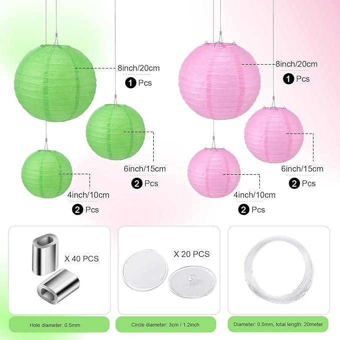 Pelopy 18 Pcs Paper Lanterns 4/6/8/12 Inches Round Chinese Japanese Paper Lanterns for Indoor New Year Valentine's Day Wedding Birthday Party Decorations(Pink and Green,4/6/ 8/12 Inch)