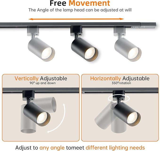 3-Color LED Track Lighting Kit with Floating Canopy Connector, 6-Light H Type Rail System with 6.6FT Rails, Dimmable GU10 Bulbs Included, Adjustable Ceiling Spotlights for Kitchen(6, Black)