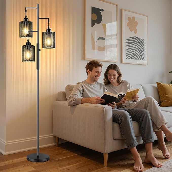 Hotsonic 72" Rattan Boho Floor Lamp, Tall Dimmable Standing Lamp with Handcrafted Black Shades, Industrial Tree Floor Lamps for Living Room, Bedroom, Study Room, Office (3 x 800LM LED Bulbs Included)