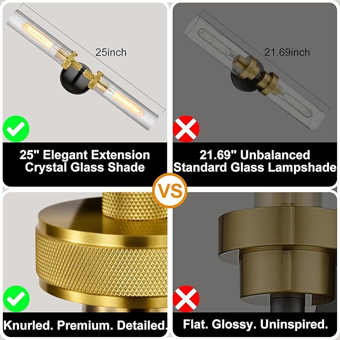LaLuLa Black and Gold Vanity Light Fixtures – Modern Hardwired Dual-Light Wall Sconces with Rippled Glass Shades, Textured Metal Bathroom Lighting for Over Mirror or Hallway, 25" Height