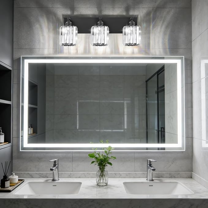 Black Crystal Bathroom Vanity Light, 3-Light Modern Bathroom Lighting Fixtures Over Mirror, Matte Black Wall Sconce Light Fixtures with Round Shade