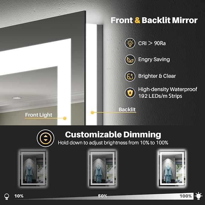 24x30 Inch LED Bathroom Mirror with Lights, Backlit & Front Lit | Anti-fog, 3 Color Dimmable, Memory Function, HD Reflection Tempered Glass, ETL Listed, IP54 Waterproof