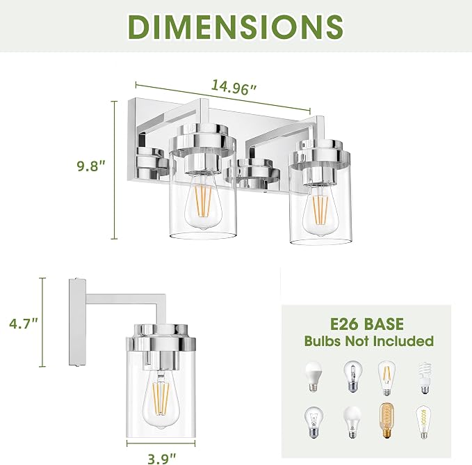 Bathroom Vanity Fixtures, 2 Light Matte Chrome Vanity Light with Clear Glass Shade, 15in Farmhouse wall Light, Lighting Fixture Over Mirror for Bathroom