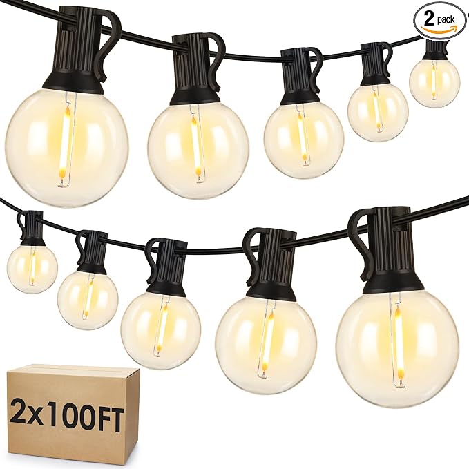 200Ft(2x100Ft) LED Outdoor String Lights Waterproof Dimmable G40 Globe Patio Lights with 100+5 Bulbs for Balcony Gazebo Pergola-Black Cord