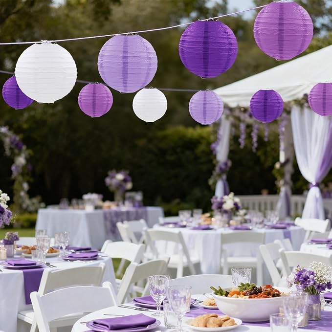 Purple Paper Lanterns Party Decorations, Hanging Round Paper Lanterns for Bachelorette Engagement Wedding Baby Bridal Purple Birthday Decorations (12 PCS)