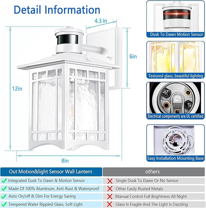 Motion Sensor Outdoor Wall Lights White Dusk to Dawn Light Fixture for House Porch Patio