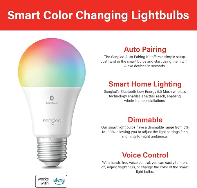Sengled Light Bulb, S1 Auto Pairing with Alexa Devices, Color Changing , Smart Light that Work with , Bluetooth Mesh Smart Home Lighting, E26 60W Equivalent, 800LM, 4 Count (Pack of 1)