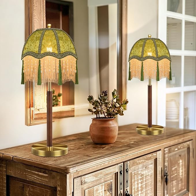 ILLMTW Fringe Table Lamp for Bedroom Living Room,Vintage Bedside Lamps Dimmable Boho Bedroom Lamp with Flower Green Lamp Shade,Mid Century Retro Tassel Unique Wood Small Nightstand Lamp Tiffany Decor