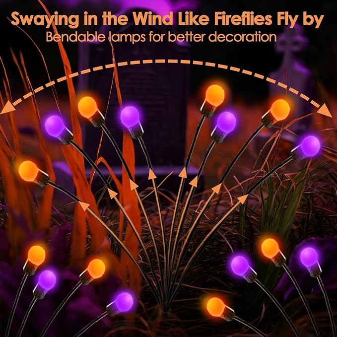 OZS 6 Pack Solar Halloween Lights Outdoor, 48 LED Purple Orange Firefly | Waterproof IP65, Swaying Effect, 2 Modes, for Garden Pathway Patio Yard Lawn Decor, Halloween Decorations
