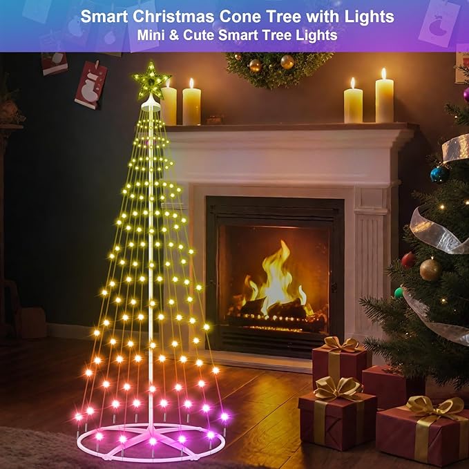 4FT Smart LED Christmas Cone Tree Light, Prelit Christmas Tree Lights with App & Remote, DIY, Color Changing, Music Sync, Waterproof Outdoor Lighted Christmas Tree for Yard Porch Xmas Decoration
