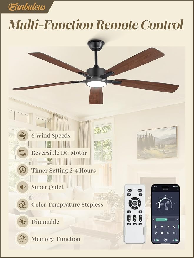 Fanbulous 60 Inch Ceiling Fans with Lights and Remote, Black | Stepless Color Temperature Change & Dimmable 20W LED Ceiling Fan, 6 Speeds Reversible Quiet DC Motor, for Bedroom Living Room
