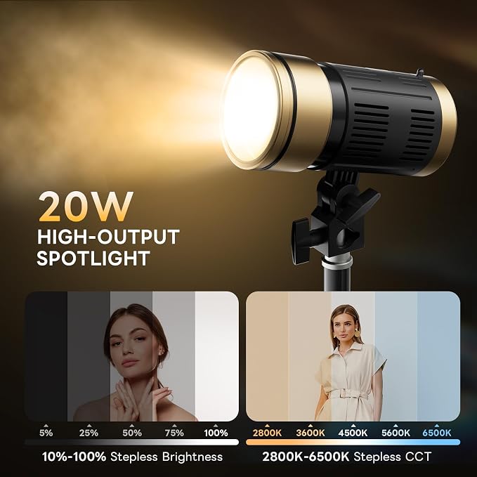 NiceVeedi 20W 5-Color Spotlight for Photography with 87” Tripod, 2800K-6500K Zoomable Photography Lighting with Remote & Cooling System, Hair Spotlight for Streaming, Video, Content Creators