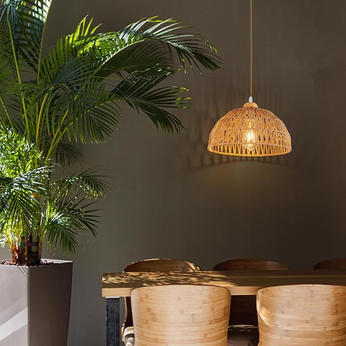 Boho Pendant Light Fixture Kitchen Chandelier Rattan Hanging Light Flush Mount Ceiling Light Boho Lamp Shade Wooden Base Bohemian Chandeliers for Hallway Bedroom Chandelier Dinning Light Fixture