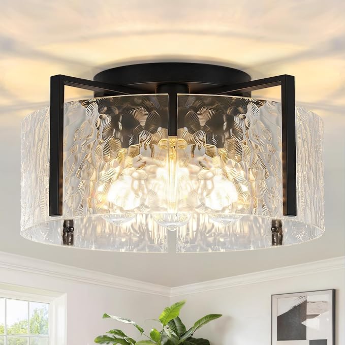 16" Semi-Flush Mount Ceiling Light, 4-Light Hammered Glass Drum Fixture | OYKYOHEI Indoor Lighting for Bedroom Hallway Entryway Kitchen Foyer Living Room Laundry Decor, Black Modern Dimmable E26
