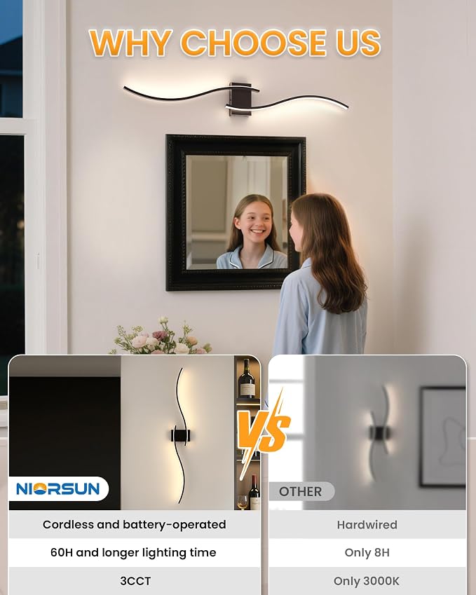 39.4 Inch Battery Operated Wall Sconce Set of 2, Black Modern Rechargeable Wall Lights with Remote, 3CCT Dimmable Wireless Wall Lamp for Living Room Bedroom Hallway