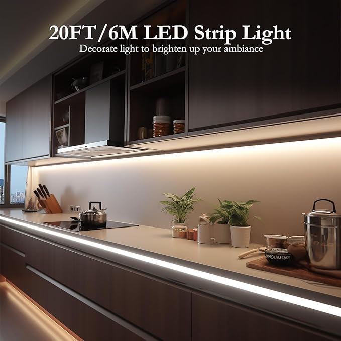 JOYLIT 12V COB LED Strip Lights 20FT/6M IP65 Waterproof 4000K Natural White 320LEDs/M CRI 90+, Bright Uniform Spotless Dimmable Adhesive Tape Lights for Kitchen Cabinet, Counter, Shelf, Stair
